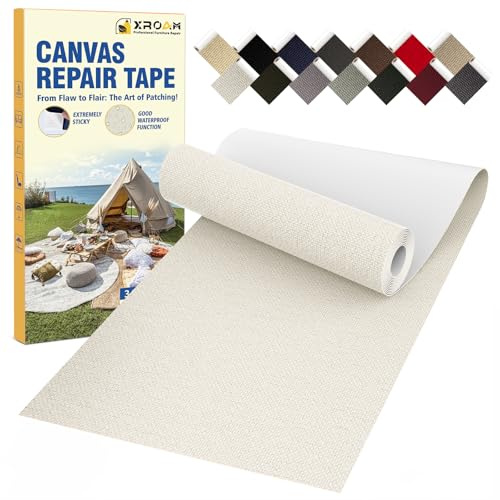 Xroam Canvas Repair Tape, 8 x 160 cm Waterproof Fabric Tape for Furniture, Self Adhesive Canvas Patches for Boat Covers, Sofas, Tents, Louge Chairs, Canopy, Awning Ivory White