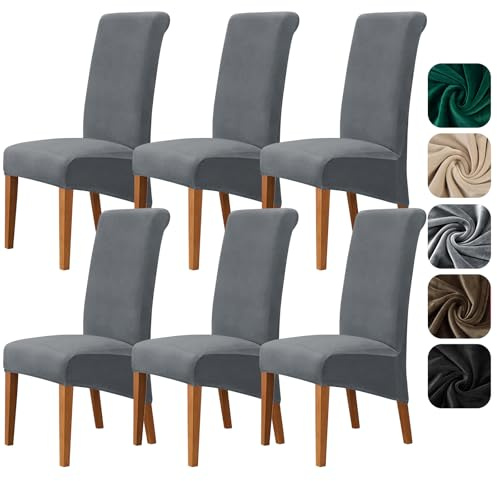 Alishomtll Samt Stuhlhussen XL 6er Set Universal Stretch Stuhlbezug für Schwingstühle Große Esszimmerstühle Bezug Waschbar Abnehmbar Stühle Schutz für Küche Bankett Hochzeit Party (Grau, 6 Stück)