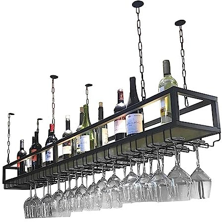 Estante de metal para colgar en altura ajustable con soporte de vidrio para bares, restaurantes y cocinas, soporte decorativo para botellas de vino y estante de exhibición de almacenamiento de copas