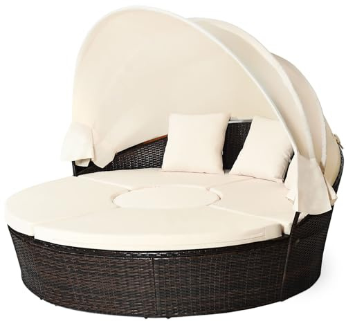 LIFEZEAL Rattan Sonneninsel mit Sonnendach, Gartenliege Sonnenliege mit Kissen, 5-teiliges Lounge Set mit faltbarem Regencover, Gartenlounge Terrassenmöbel bis zu 360 kg (Beige, 192 x 192 x 146 cm)