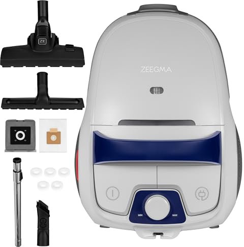 Zeegma ZONDER VERRE KLASSIK Aspirapolvere a Sacco 2 Filtri Igienici per Allergici Alta Potenza di Aspirazione 800 W Spazzola per parquet Lungo Cavo Raggio d'Azione 12 M, 68 DB (Grigio/Blu)