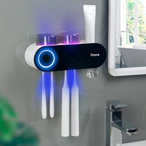 iHave Toothbrush Holder for Bathroom, UV Toothbrush Sanitizer and Holder Smart Home Bathroom Accessories, 2 Cups Electric Toothbrush Holder Wall Mounted with Toothpaste Dispenser Bathroom Decor