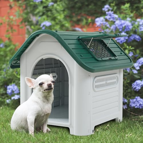 [en.casa] Caseta Perros Exterior Bello Refugio para Mascota con Ranuras Integradas y Tramplilla en el Techo Base Elevada Sistema de Encaje Resistente al Clima Plástico 87 x 72 x 75 cm - Blanco/Verde