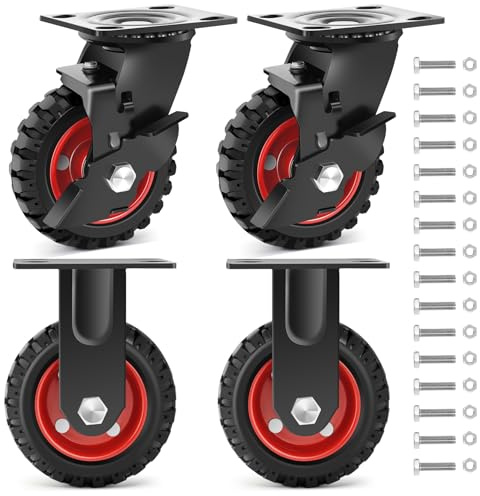 Nefish 5 Inch Heavy Duty Casters Set of 4, Solid Rubber Outdoor Casters Wheels, Industrial Grade Rubber Castors with Knobby Tread for Cart, Wagon and Chicken Coop (2 Brake & 2 Rigid)