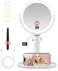 GOMIPURU Makeup Magnifying Mirror with Light 30X/1X, Digital Display, 2-Sided Touch Control, Makeup Mirror with 3 Color Lights,360° Rotate, Height Adjustable Lighted Magnifying Mirrors for Desk Travel
