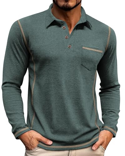 Elainone Herren Langarm Polo Shirt mit Brusttasche Atmungsaktives Stretch Golf Oberteil für Outdoor Casual & Business - Regular Fit Armygrün XXL