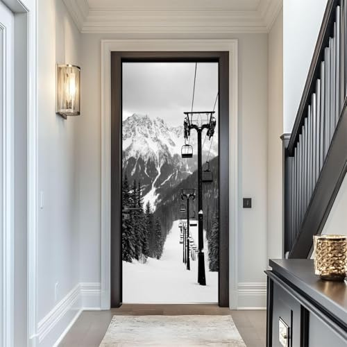 3D Adesivi per Porte Interne Montagne Innevate Paesaggio Adesivo Porta Funivia Carta Parati Autoadesiva Arte Sticker Camera Letto Soggiorno Decorazione Parete Poster Murale 90x210 cm m.132