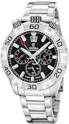 Festina Herrenuhr Chronograph aus Edelstahl 316L | Quarzuhr, Kalender, Widerstandsfähiges Glas, Wasserdicht 10 ATM, F20743/6, The Originals, Schwarzes Zifferblatt