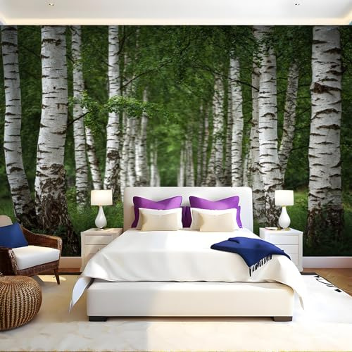 Verde Carta da parati foresta di betulle Fotomurali Murale 300x210 cm TNT Decorazione da Muro Poster Gigante Carta per Pareti Soggiorno Camera da Letto Sala TV Divano