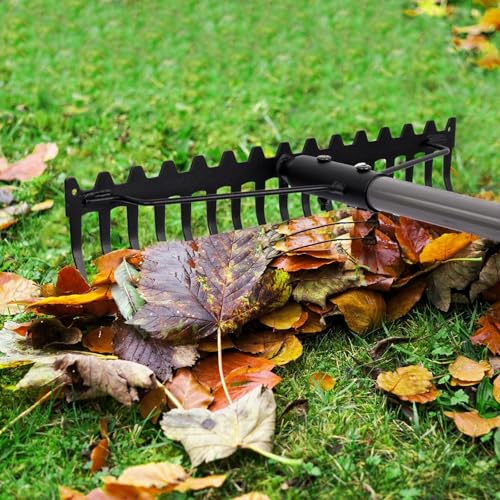 Heavy Duty Garden Rake, 17 Steel Tines Metal Head Tool for Loosening Soil Gathering Leaf Leveling Lawn Farming Land Thatch Bow Rake with Stainless Steel Handle