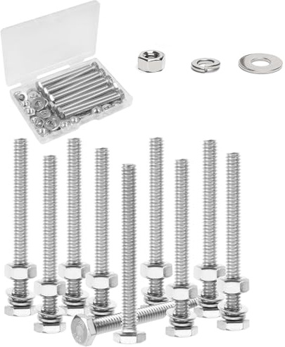 PISTISJACK 20 Sets Nuts and Bolts,M5 x 100mm 304 Stainless Steel Hex Head Screws Bolts,Flat & Lock Washers Assortment Kit, Fully Threaded, Bright Finish for Home, Carpenter, Machine