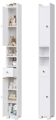 Mondeer Badezimmerschrank Hochschrank Schmal 20 cm für Kleine Räume | Badschrank Schmal Mit verstellbaren Ablagen, Schublade und offenen Fächern 20 x 20 x 180 cm, Weiß