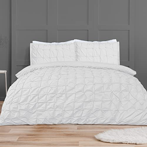 Sleepdown Duvet Cover Set - White - Rouched Pleats Geometric Pintuck - Ruched Quilt Cover Easy Care Bed Linen Soft Cosy Bedding Sets with Pillowcase - Single (135 cm x 220 cm)