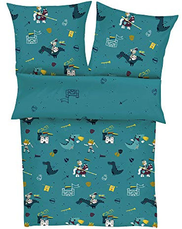 s.Oliver Kinderbettwäsche Ritter 135x200 cm - 100% Baumwolle, praktischer Reißverschluss & maschinenwaschbar, Bettwäsche für Kinder Drache & Ritterburg 2tlg. Petrol