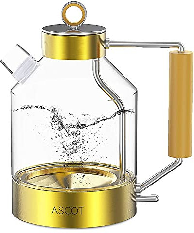 ASCOT Electric Kettle, Glass Electric Tea Kettle Gifts for Men/Women/Family 1.6L 1500W Borosilicate Glass Tea Heater, with Auto Shut-Off and Boil-Dry Protection (Gold)