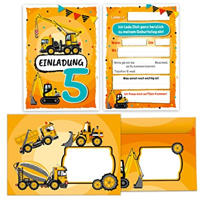 Junapack 12 Einladungskarten incl. 12 Umschläge zum 5. Kindergeburtstag fünfte Geburtstag Jungen Baustelle Geburtstagseinladungen