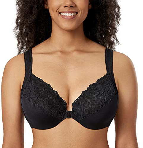 DELIMIRA Women's Front Fastening Bras Unlined Lace Plus Size Support Underwire Black 38F