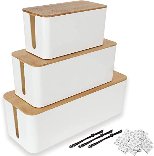 ASelected 3er-Set Kabelbox Weiß Große Kabel Organizer Box mit Holzdeckel für Kabel, Große und Kleine Kabelmanagement Box Adapter, Steckerleisten, Kabel Verstecken Box