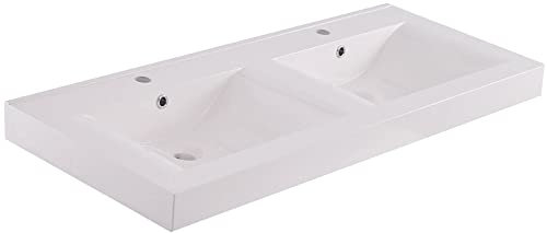 Saqu Waschbecken Doppel 2 Hahnloch 120x46 cm - Kunststein weiß - Waschbecken für Unterschrank, Waschtisch für Badmöbel Set