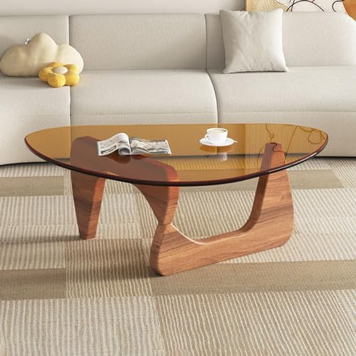 Triangle Glass Coffee Table-Mid-Century Modern End Table Solid Wood Base and Vintage Tempered Transparent Glass Top Coffee Tables Living Room Balcony (Walnut/Brown, Small 32.2 * 22.4 * 16in)