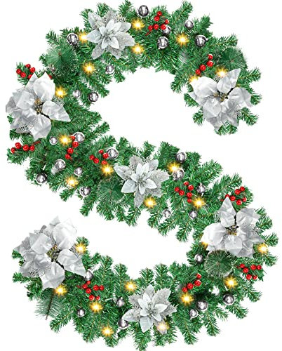 Timiyou Weihnachtsgirlande, 270cm Tannengirlande mit Blumen und Rote Beere, Weihnachtsdeko Innen Aussen Girlande für Haus Treppen Kamin Haustür Terrasse und Gärten（Silber）