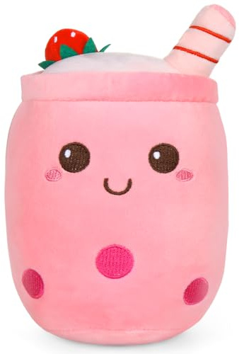 Mineup 25cm Bubble Tea Plush Pillow, Stuffed Milk Tea Cup Plushie With Strawberries, Shaped Hugging Cushion, Gift for Kids Girls Boys (Pink)