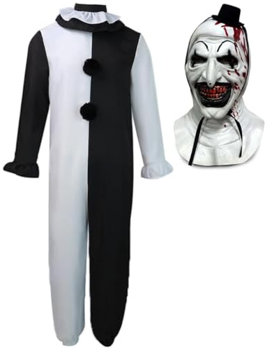 Claofoc Terrifier Kostüm Art the Clown Cosplay Erwachsene Outfits der Killer Clown Jumpsuit Bodysuit mit Maske für Halloween Karneval (Erwachsene Terrifier Kostüm, XS)