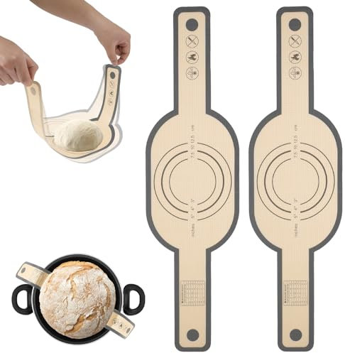 QINGLANG 2PCS Silicone Baking Mat Bread Oven Liner Non-stick Bread Baking Mat Heat Resistant Silicone Dutch Oven Liner with Long Handle Reusable Baking Sheets for Transfer Dough Baking