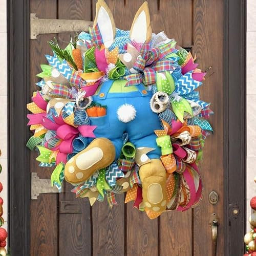 Couronne de Pâques pour porte d'entrée, couronnes de lapin de Pâques artificielles de 40,6 cm avec nœud en feuilles vertes pour décoration intérieure et extérieure