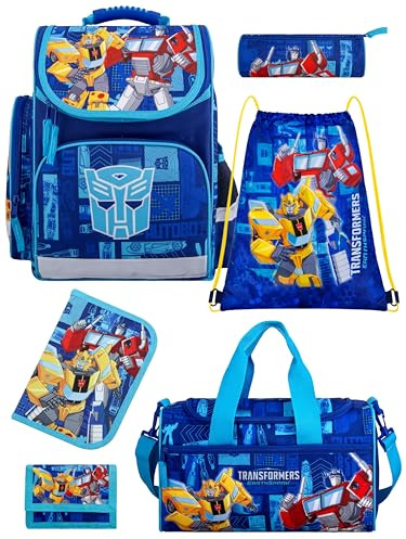 Familando - Schulranzen Set - 6-teilig mit Sporttasche - Transformers - Ergonomisch, stabil & mit gepolstertem Rücken - 930g leicht - 15L Volumen - Mit Reflektoren - Für Grundschule ab 1. Klasse