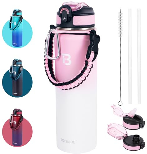 TOPBADE Bouteille isotherme en acier inoxydable, avec 2 couvercles (avec/sans paille), poignée en paracorde, unisexe, pour salle de sport, fitness, extérieur, rose/blanc, 950 ml