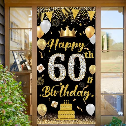 POPOYU 60. Geburtstag Banner Männer Frauen,60 Geburtstags Deko,Birthday Banner 60. Geburtstagsfeier Dekoration Hintergrund,Banner Geschenke für Geburtstag Poster Türbanner 70.8×35.4 Zoll,Schwarz Gold