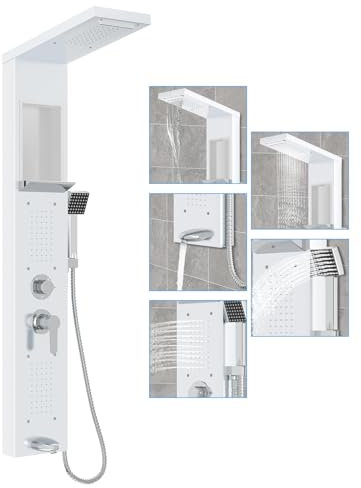 UISEBRT Panneau de douche en acier inoxydable 5 fonctions avec douche à effet pluie, cascade, douchette, 2 buses de massage, bec de baignoire (blanc)