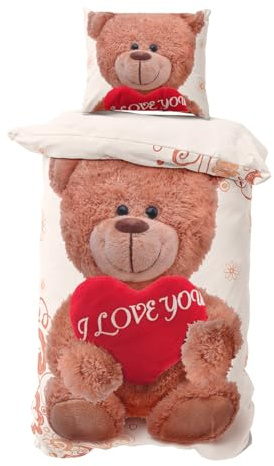 Visaggio Winter Bettwäsche 135x200 cm Fleece Bettbezug Deckenbezug Teddy Bär Love Beige Braun Rot Herz 2 teilig