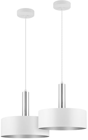 LED Universum - Pendelleuchte Victoria Ø 30cm Metall rund für LED E27 Leuchtmittel max 40W (exklusive) höhenverstellbar bis 150cm Esstisch Wohnzimmer Hängelampe Deckenlampe weiß silber 2er Set