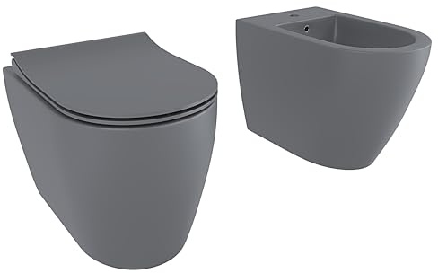 Coppia Sanitari Filomuro Filo Muro Filo Parete Vaso WC E Bidet Design Moderno In Ceramica Con Copriwater Chiusura Soft Close Chiusura Rallentata (Grigio Opaco)