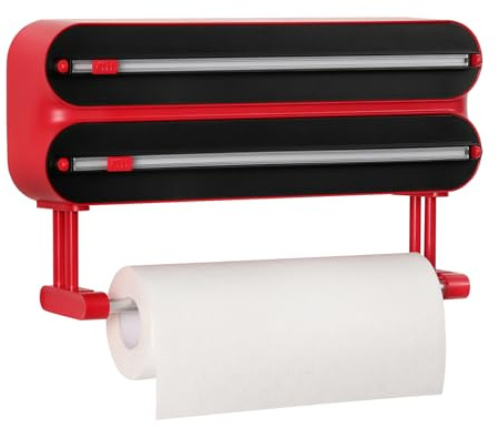 Quasziwa 3-in-1 Frischhaltefolienspender mit Küchenrollenhalter - Platzsparender Wandrollenhalter, magnetisch & ohne Bohren, Folienschneider für Frischhaltefolie & Alufolie - Inkl. Rolle 50m, Rot