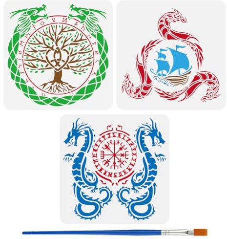 FINGERINSPIRE 3 Stück Wikinger Drache Malschablone Mit Pinsel 30x30cm Drachenmuster Vorlage Lebensbaum Schablone Drachenkopf Segelboot Vorlage Wikinger Themen Schablone Für DIY Wanddekoration