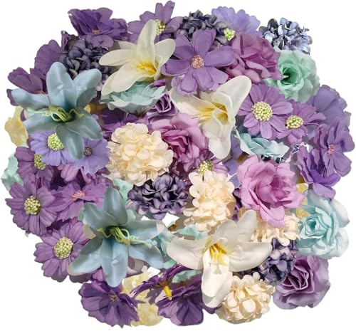 SHUOHONG 40 Stück Kunstblumen zum Basteln, Klein Blumenköpfe 4~8 cm, Blumen Deko, Künstliche Blumen, Rosen Hortensien Fake Blumen, Artificial Flowers für Tortendeko Hochzeitsdeko (Lila)
