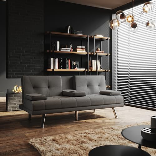 ELEGANT Click Clack Sofa Bed with Cup Holders and Removable Armrests | Fabric 3 Seater Sofa Couch, Convertible Bed Settee for Living Room, Office and Guest Room, Grey, 1820x830x880mm