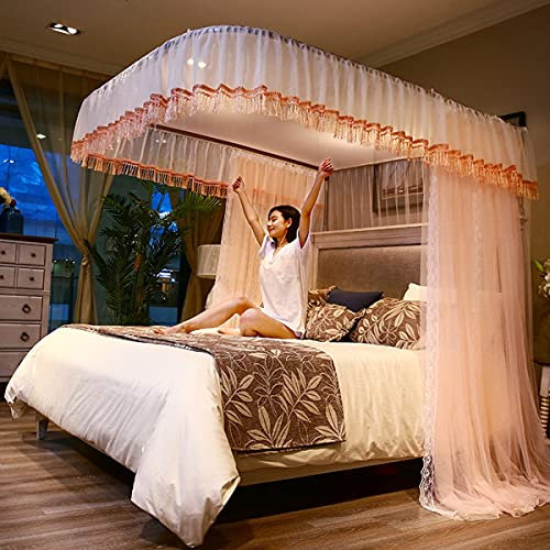 PYCJNFC Bettvorhang Betthimmel, Elegante Spitze Für Doppelbett, Schiebevorhänge, U-Design-Schiene, Zelt Für Schlafzimmerdekorativ, Einfache Installation,Rosa,1.8 * 2M