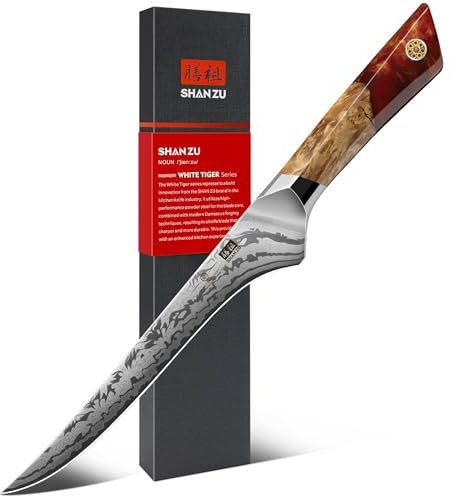 SHAN ZU Damast Filetiermesser, Japanisches Ausbeinmesser aus SG2-Pulverstahl, Handgeschmiedetes 18cm Fisch Filiermesser aus 91 Schichten Damaststahl, Ergonomischer Ahorngriff – WHITE TIGER Series