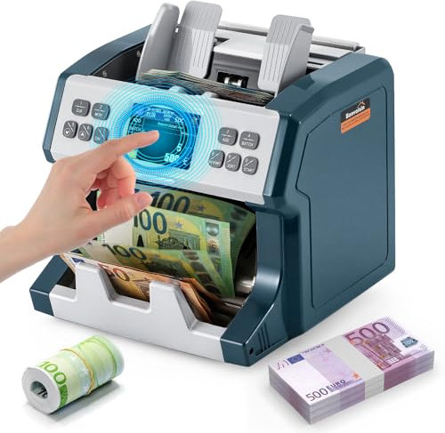 Bonvoisin Geldzählmaschine Scheine, Wertzählung für gemischte Banknoten mit 2 CIS Falschgelderkennung, 800-1200 Stück/min, Professionell Banknotenzähler für 15 Währungen, Berührbarer Bildschirm (EU)