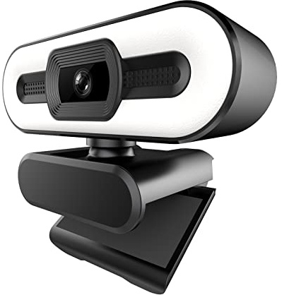 Webcam Full HD 1080P con luce ad anello regolabile, obiettivo ottico a fuoco fisso, microfono integrato, USB Plug & Play per PC, laptop, videoconferenze, streaming live
