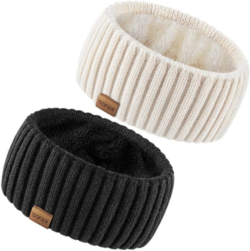 Sofier Winter Headbands for Women 2 Packs Knit Ear Muffs With Thick Fleece Lined Cold Weather Ear Warmers Christmas Stocking Stuffers Gifts (Beige)