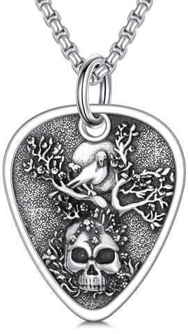 ROMANTICWORK Musik-Halskette, 925er Sterlingsilber, Abalone/Memento Mori/Totenkopf/Lebensbaum/Obsidian/Türkis/Roter Kardinal, Anhänger, Gitarrenplektrum, Schmuck für Weihnachtsgeschenke für Männer