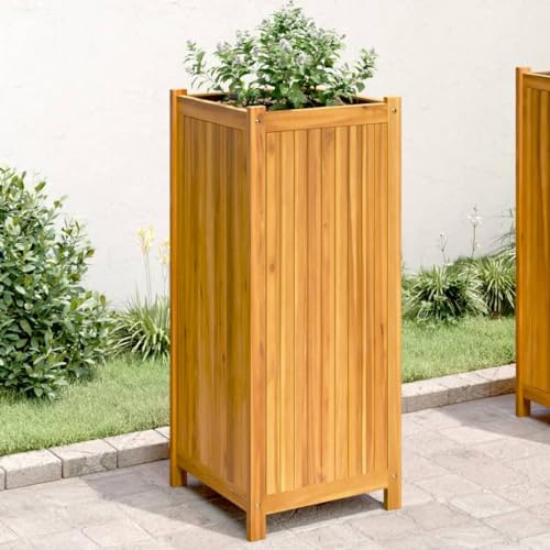 HaoChrymec Jardinera con Inserto de Tela, Madera Maciza de Acacia, Diseño Práctico, Ideal para Huerto Urbano, Balcón y Exteriores, 42x42x100 cm