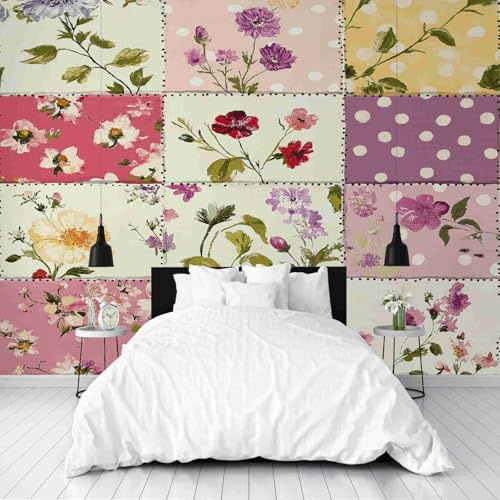 Dppyuxa Papier Peint Panoramique Salon Patchwork Fleur Papier Peint 3D Intissé Country Carré Décoration Murale Salle de Bain Interieur Imperméable pour Salon et Chambre 500x280 cm