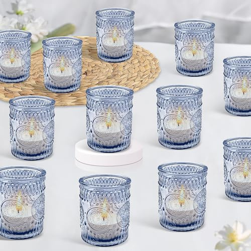 Lot de 24 Bleu Photophores en Verre – Bougeoirs Vintage pour Bougies Chauffe-Plat, Déco de Table pour Mariage, Anniversaire, Maison, Fête et Centre de Table (Pilier)