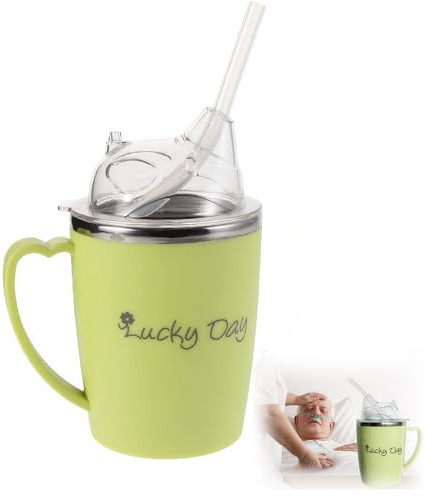 Accmuzzy Non Spill Cups for Elderly,3 in 1 Stainless Steel Beakers for Elderly,350ml Anti Choke Safe Sippy Cup for Adults with Lid,30cm Straw & Handle,Adult Sippy Cup for Patients